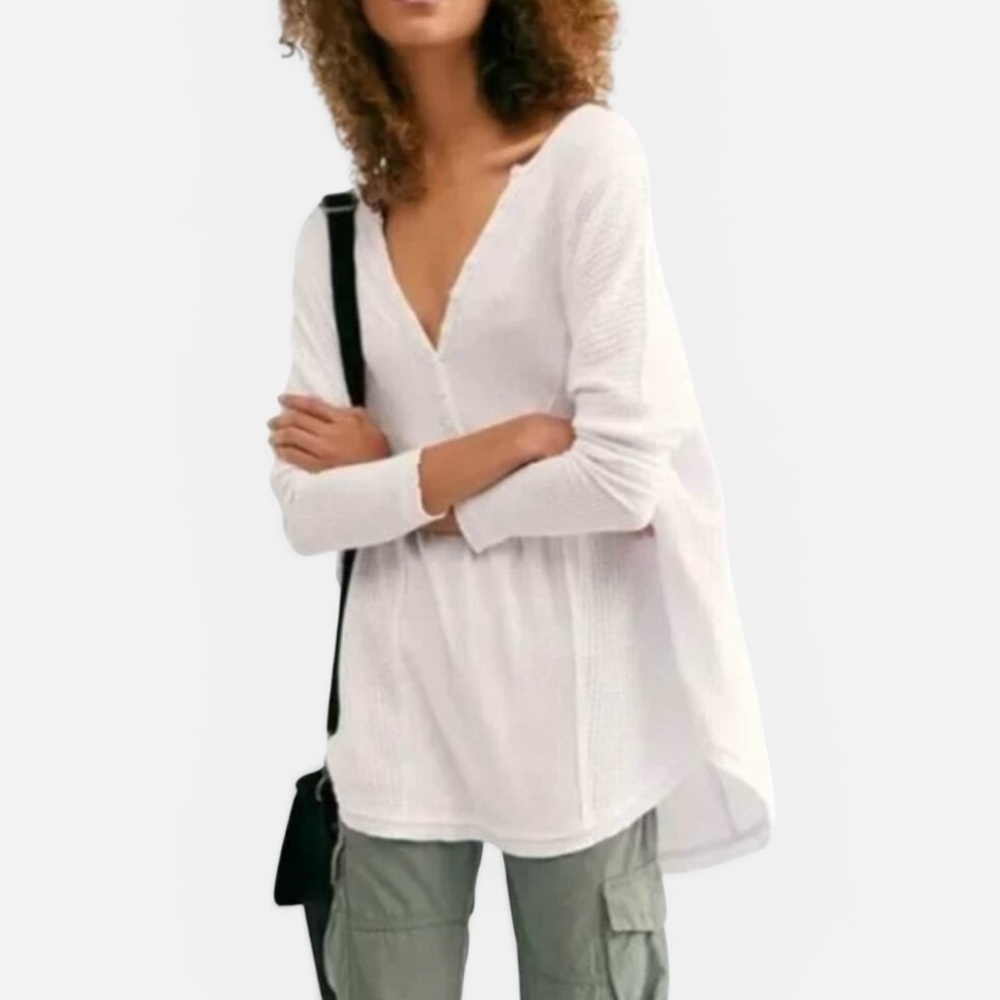 Free People Leo Henley Tee White Cream Waffle Knit Oversized Womens Large